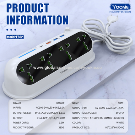 YookiePower Strip Surge Protector - Flat Plug, Wall Mount, 8 Wide Outlets with 4 USB Ports (1 USB C)Charging Station Overload