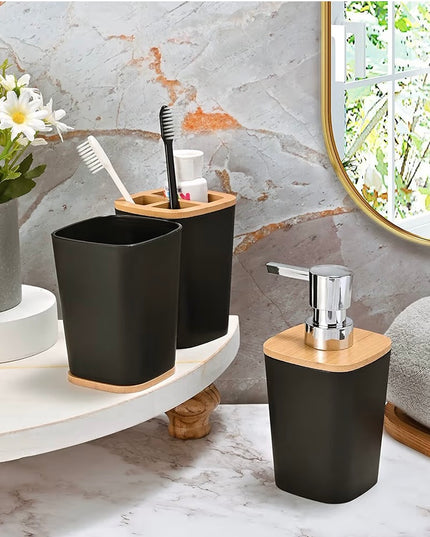 Bathroom Accessory Set (wood&black) 6pcs