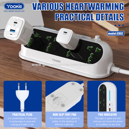 YookiePower Strip Surge Protector - Flat Plug, Wall Mount, 8 Wide Outlets with 4 USB Ports (1 USB C)Charging Station Overload