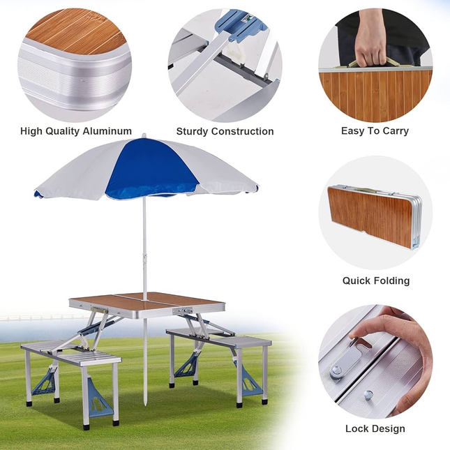 4 Seats Foldable Heavy Duty Aluminum Picnic Table Chair Set For Picnic & Camping (L135 x W90 x H70)cm