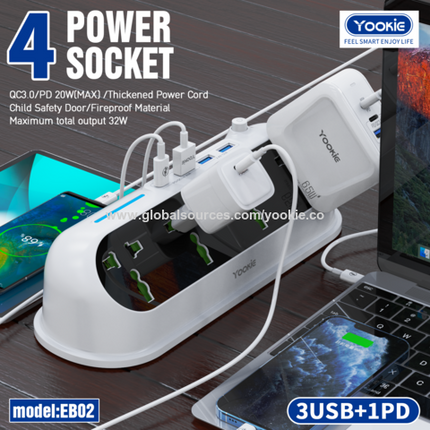 YookiePower Strip Surge Protector - Flat Plug, Wall Mount, 8 Wide Outlets with 4 USB Ports (1 USB C)Charging Station Overload