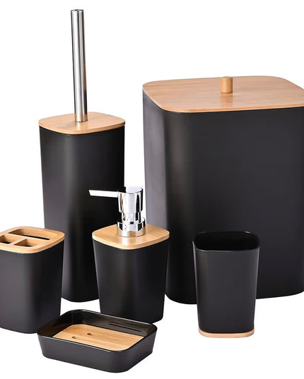 Bathroom Accessory Set (wood&black) 6pcs