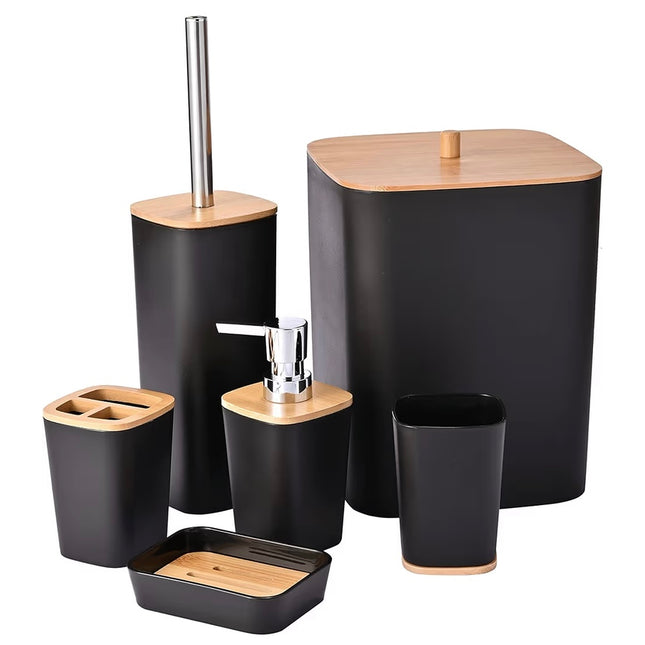 Bathroom Accessory Set (wood&black) 6pcs