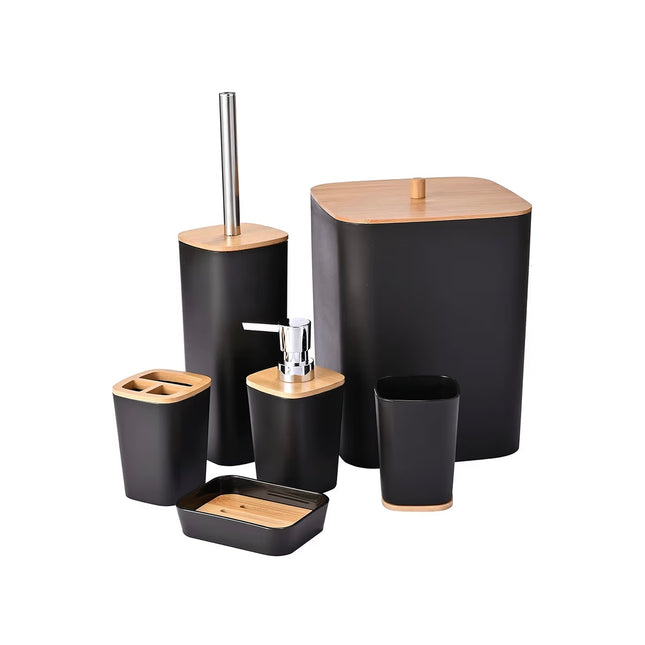 Bathroom Accessory Set (wood&black) 6pcs