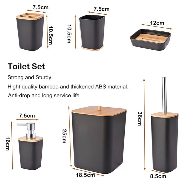 Bathroom Accessory Set (wood&black) 6pcs
