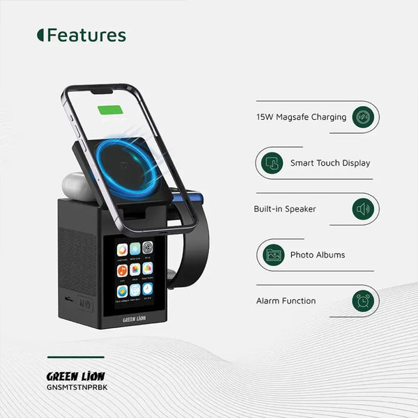 Green Lion Smart Station Pro LCD Display Wireless Charger with Speaker - Black