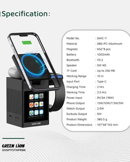 Green Lion Smart Station Pro LCD Display Wireless Charger with Speaker - Black