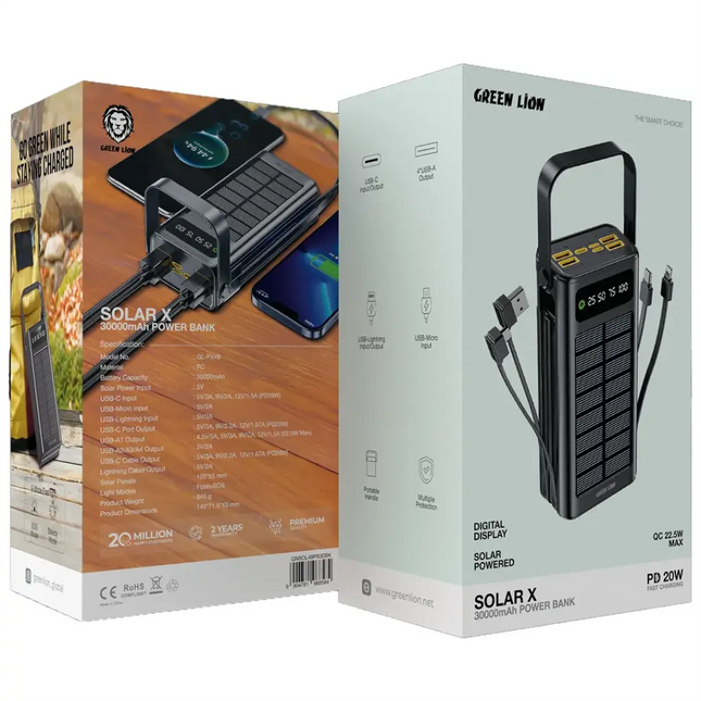 Green Lion Solar X 30000mAh PD Power Bank 20W - Black